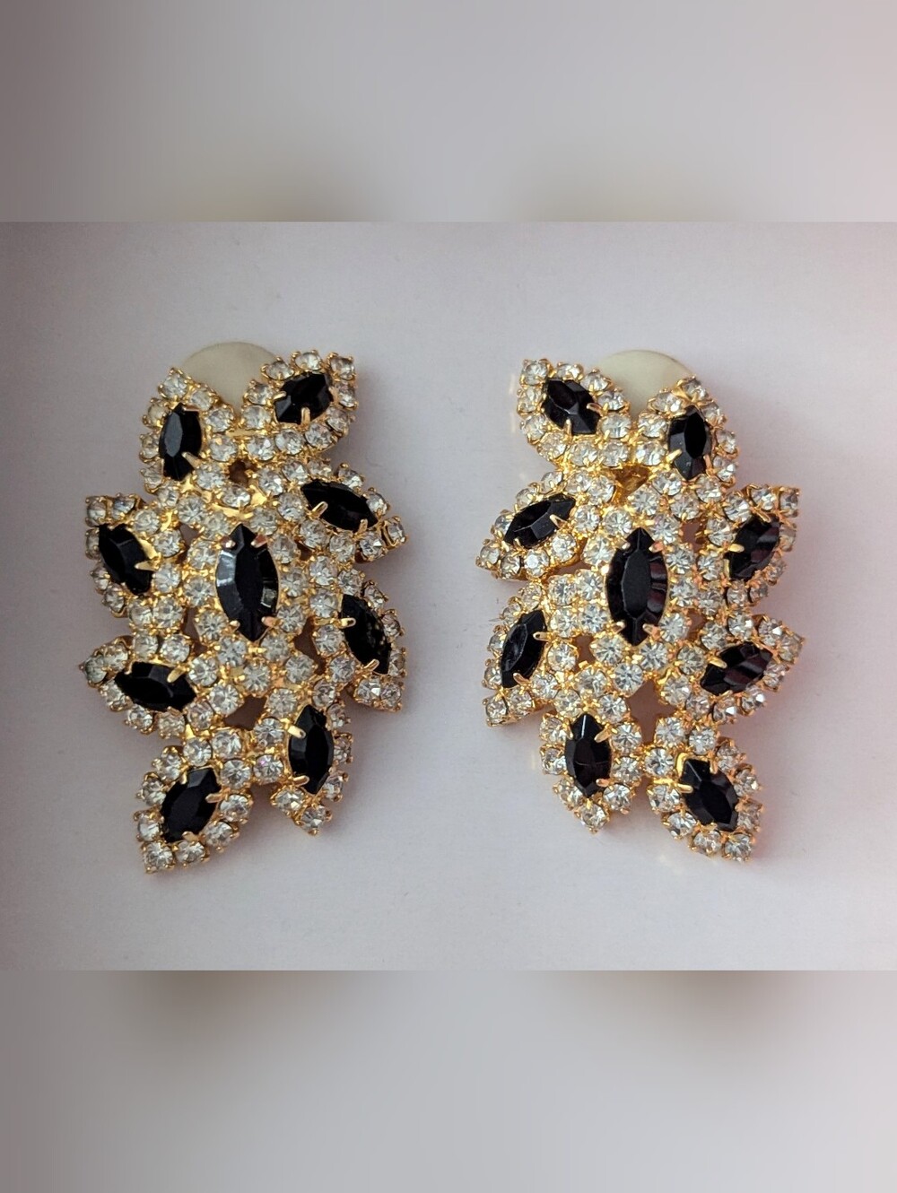 Gold-Tone Clip-On Earrings w/Marquis-Cut Black Stones Surrounded By Rhinestones